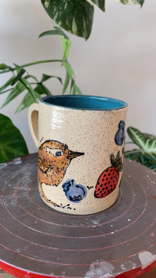 Wren & Strawberries Mug 12oz
